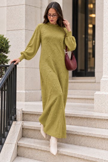 Stone Embellished Knitwear Dress K3071 Oil Green