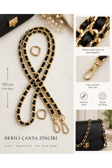 Black Faux Leather Transitional Metal Bag Chain Strap 115 cm Gold