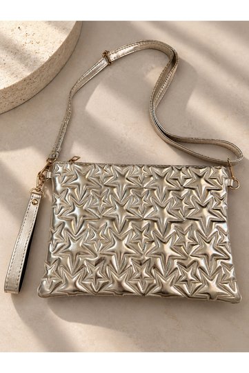 Women's Clutch Bag Silver Gold Star Patterned Stylish Evening Dress Handbag Chain Strap Portfolio Bag