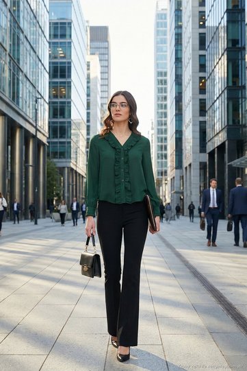 Standard Fit V-Neck Ruffled Long Sleeve Shirt Women's Shirt 611Go00341