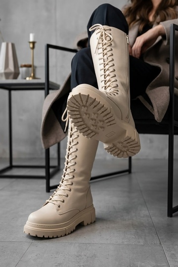 Bany Beige Lace Up Side Zipper Daily Women's Boots