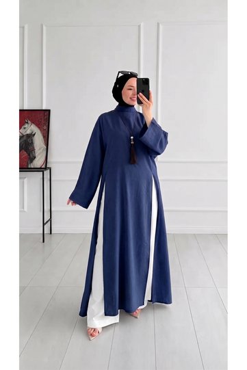 Slit Detailed Long Tunic Navy Blue