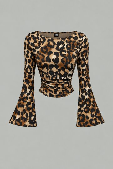 Women's Leopard Print Boat Neck Spanish Sleeve Gathered Long Sleeve Blouse