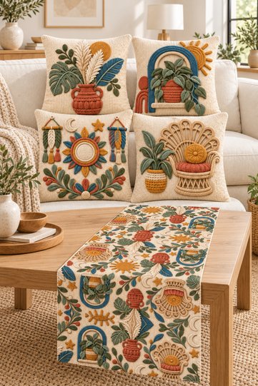 Bohemian Embroidery Look 4-Piece Throw Pillow Cover and Runner 5-Piece Living Room Decoration Set