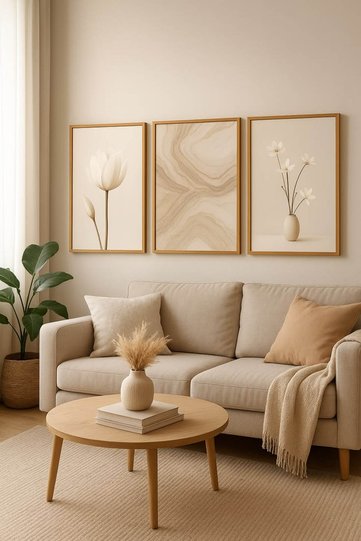 Natural Wood Framed 3-Piece Minimal Floral and Marble Pattern Wall Decor Painting Set for Living Room, Bedroom, Entrance, Kitchen