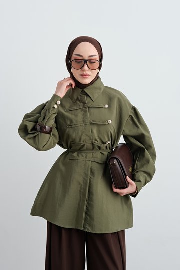 Women's Balloon Sleeve Hidden Button Shirt Khaki Green