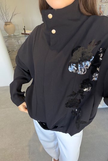 Gabardine Embroidered Bomber Jacket - Black