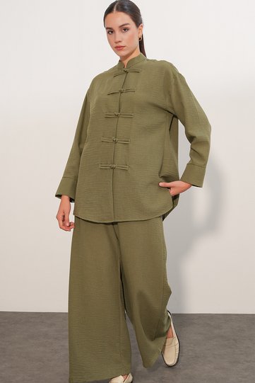 Women's Oversize Shirt Pants Linen Two-Piece Set 30126 - Khaki