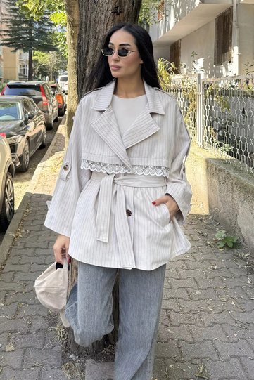 Stone Lace Detailed Striped Trench Coat