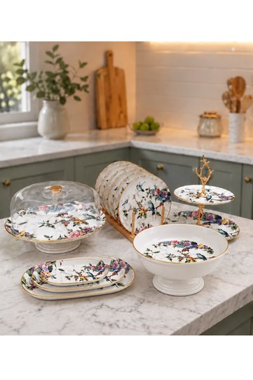Flore 13 Piece Ceramic Cake Pan and Pastry Presentation Plate Set for 6 People
