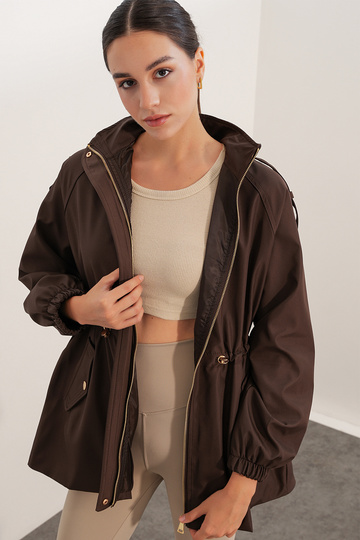 10322 Brown Waist Gathered Trench Coat with Pocket Detail