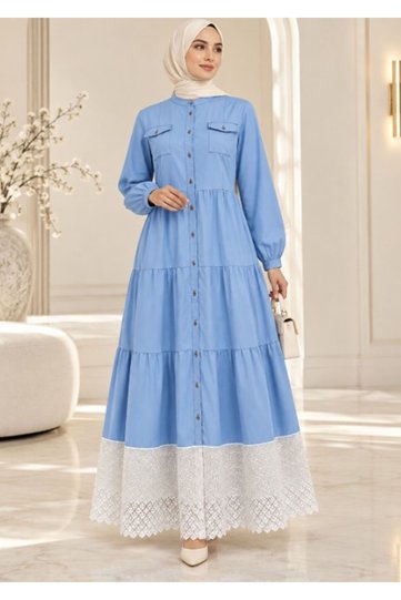 Lace Detailed Natural Fabric Full Length Buttoned Denim Dress Dark Blue