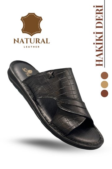 Genuine Real Leather Men's Slippers Lightweight Slippers Leather 3d Black