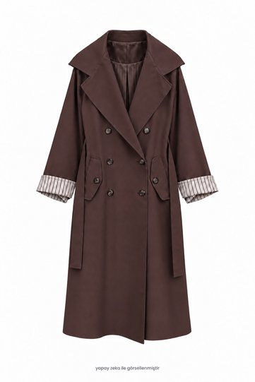 Striped Lined Maxi Length Trench Coat Brown