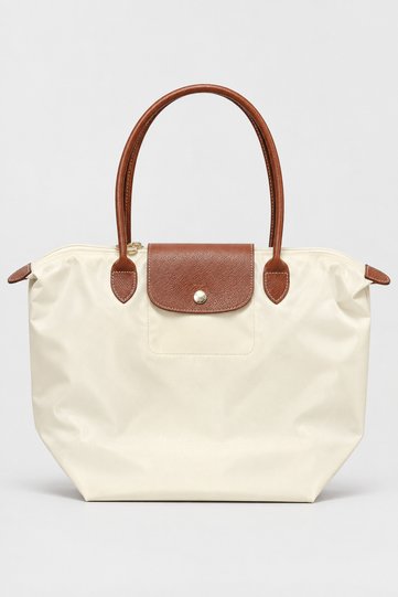 Women's Leather Handle Foldable Large Size Shopper Hand and Shoulder Bag - Cream-Tan