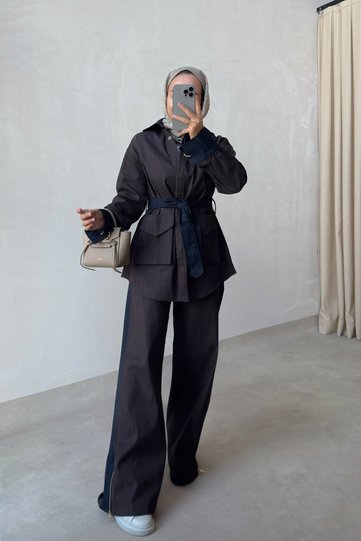 Double Color Garnished Two-Piece Denim Set - Brown