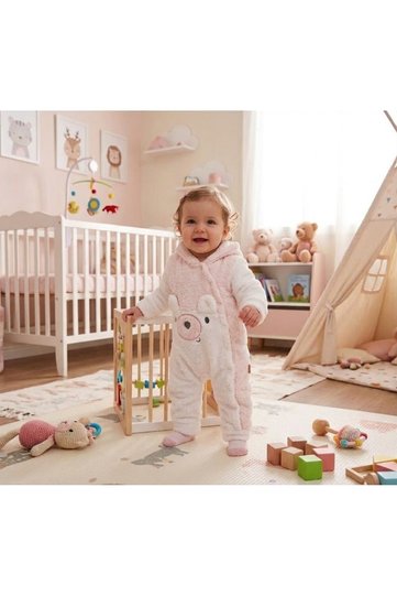 Baby Plush Astronaut Jumpsuit Bear Patterned Pink Hooded