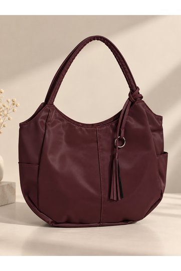 Large Size Women's Shoulder Bag University Student Work Bag Burgundy Brown Lined Interior Pocket Back Zipper Side Water Bottle Pocket Tasseled