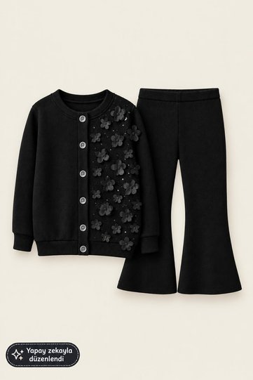 Girl's Tulle Rose Appliqué Knitwear Cardigan Double Set