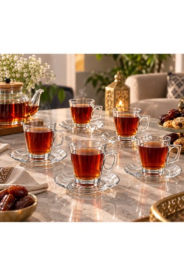 طقم فناجين شاي زجاج شفاف 12 قطعة – 6 فناجين سعة 145 مل مع 6 أطباق تقديم – تصميم أنيق للاستخدام اليومي والضيافة