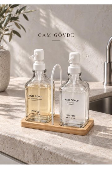 Set of 2 Glass Soap Dishes with Real Bamboo Stand - Off-White