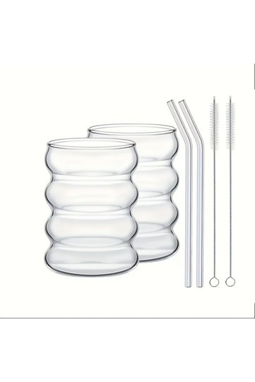 300ml 2pcs 2 High Borosilicate Glass Coffee Cups 350ML/11.8oz with Straw and Brush, Vintage Ripple D