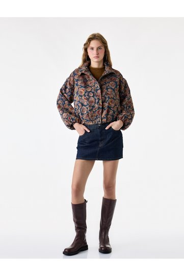 Floral Patterned Long Sleeve Stand Collar Seasonal Jacket with Zipper Pockets