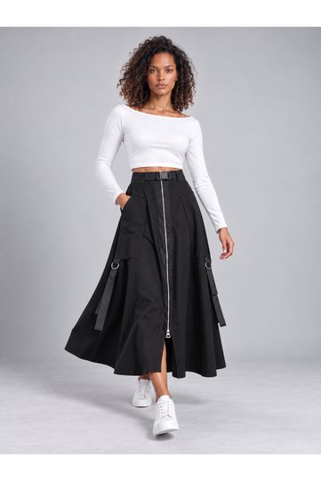 Women's Black Belted Cotton Skirt with Front Zipper, Side Pocket and Stripe Detail