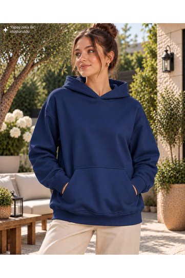 Women's Hooded Oversize Sweatshirt - Plain Basic Cotton Sweatshirt with Kangaroo Pocket