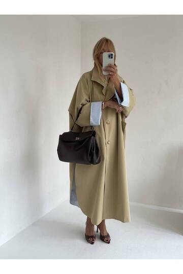 Women's Green Oversized Striped Lined Belted Design Trench Coat
