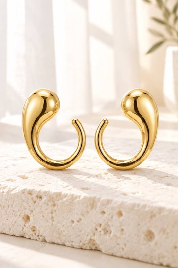 Women's Gold Flowing Drop Model C Hoop Earrings - Sculptural Plump Design Jewelry