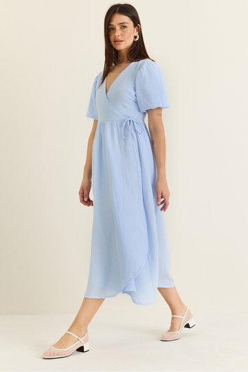 Women's Baby Blue Double Breasted Balloon Sleeve Long Muslin Dress 3034 60283364