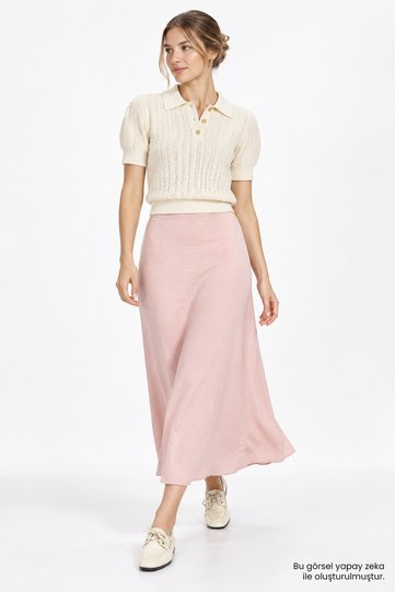Satin Surface Midi Regular Skirt with Elastic Back