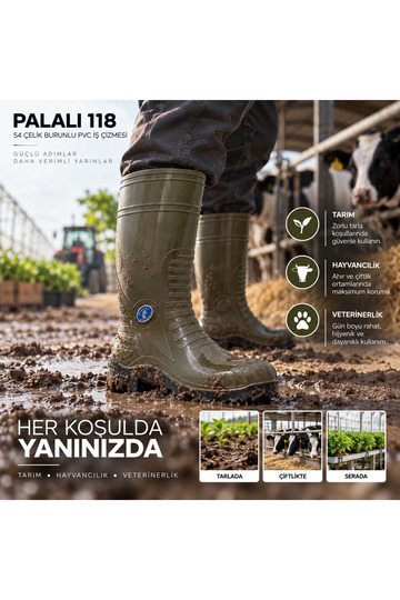 118 S4 Çelik Burunlu PVC İş Çizmesi – Tarım Hayvancılık Sanayi İnşaat Veteriner Çizmesi