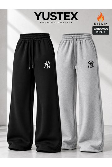 2 Pieces of Ny Printed Women's Winter 2-Thread Rastered Sweatpants Black-Grey – Warm, Soft Inside, High Waist, Oversized, Wide Legs