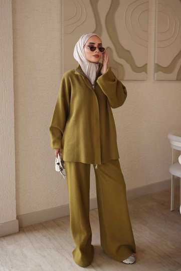 K. Oil Green Zippered Corsman Cardigan and Trousers Knitwear Set