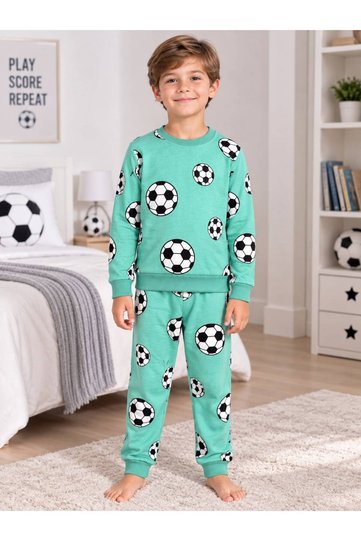 Boy's Cotton Fabric Green Color Fleece-Lined Football Ball Pattern Long Sleeve Winter Pajamas Set