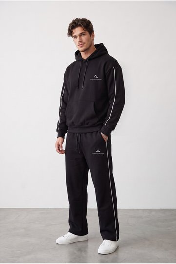 Men's Black Always Forward Printed Thin Ribbed Tracksuit Set