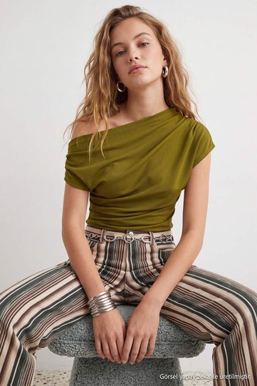 Olive Green Gathered/Draped Detail Drapey Asymmetrical Collar Knit Blouse TWOSS25BZ00024