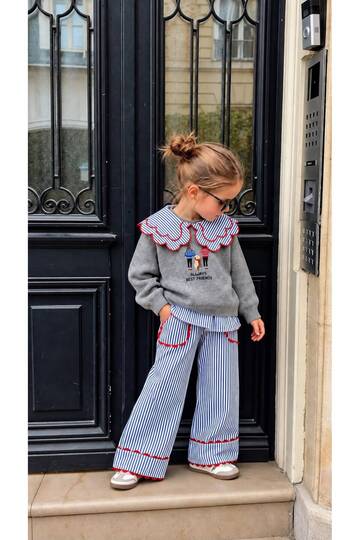 Girl's Collar and Shirt Detailed Knitwear Top and Striped Pants Bottom Set