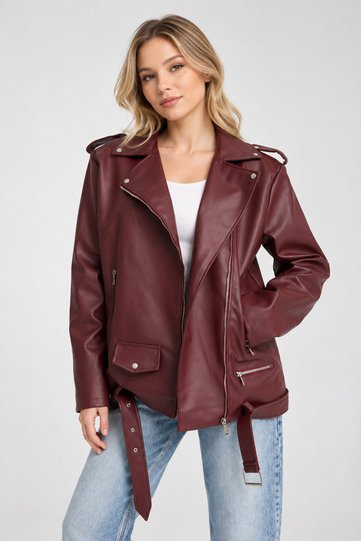 Women's Long Burgundy Oversize Faux Leather Jacket
