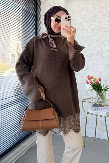 Premium Lace Detailed Knitwear Women's Sweater - Brown