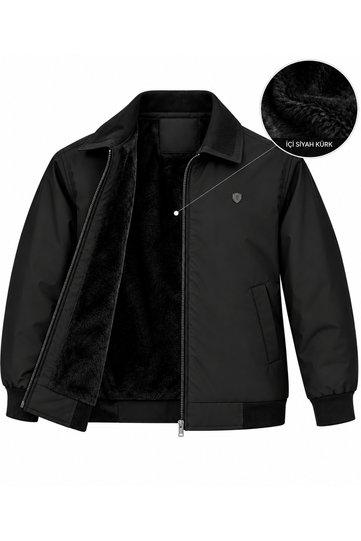 Men's Winter (Polo Collar) Coat with Bondet Fabric, Fur, and Waterproof Zippered Sleeves and Hem, Ribbed Detail, Pocket with Zipper, Classic Stylish Jacket (Ribbed) - 1 Size Smaller Than Usual.