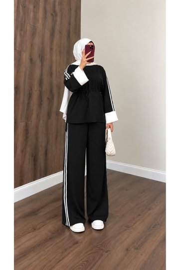 Women's Hijab Striped Waist-Tie 2-Thread Top and Bottom Tracksuit Set |   Comfortable Suit for Daily Use |   Striped Detailed Top and Bottom Sport Set |   Modern and Comfortable Hijab Clothing Set Model