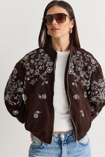 Women's Bitter Brown Stone and Bead Embroidered Oversize Zippered Bomber Jacket 2950 60286566