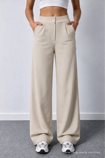 Women's Beige Stretch Fabric Palazzo Relaxed Wide-Leg Pants