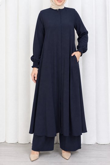 Women's Comfortable Cut Hijab Tunic Pants Set – Wrinkled Fabric, High Collar