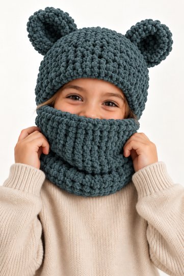 Children's Unisex Puffy Balaklava with Ears Knitted Hood Neck Collar Pearl Grey Winter Beanie