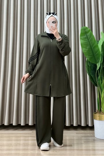 Ruby Takim Oysho Fabric Women's Khaki Hijab with Zipper, Elastic Waistband and Stripe Detail