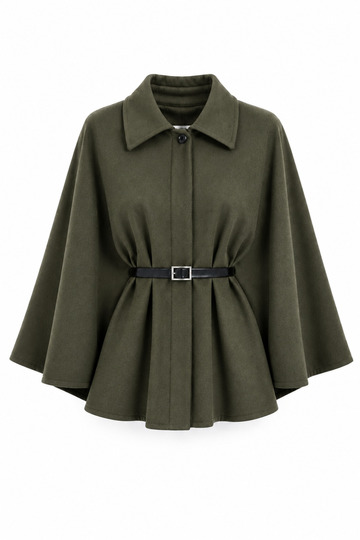 Belted Women's Wool Checked Poncho - Khaki